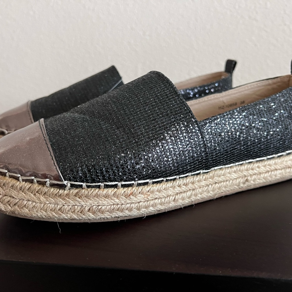 Black Espadrille Slip-On Flats with Metallic Toe